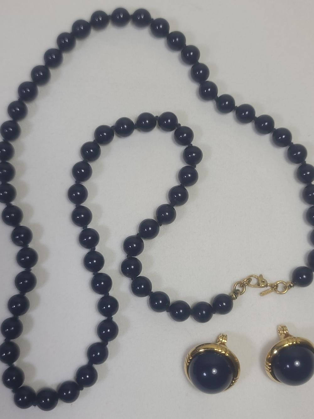 Vintage Monet Navy Blue Beaded Gold Tone Statement Necklace & Clip On Earrings